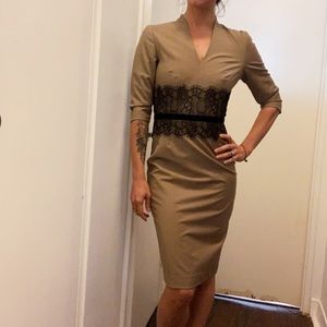 Tan dress with black lace.